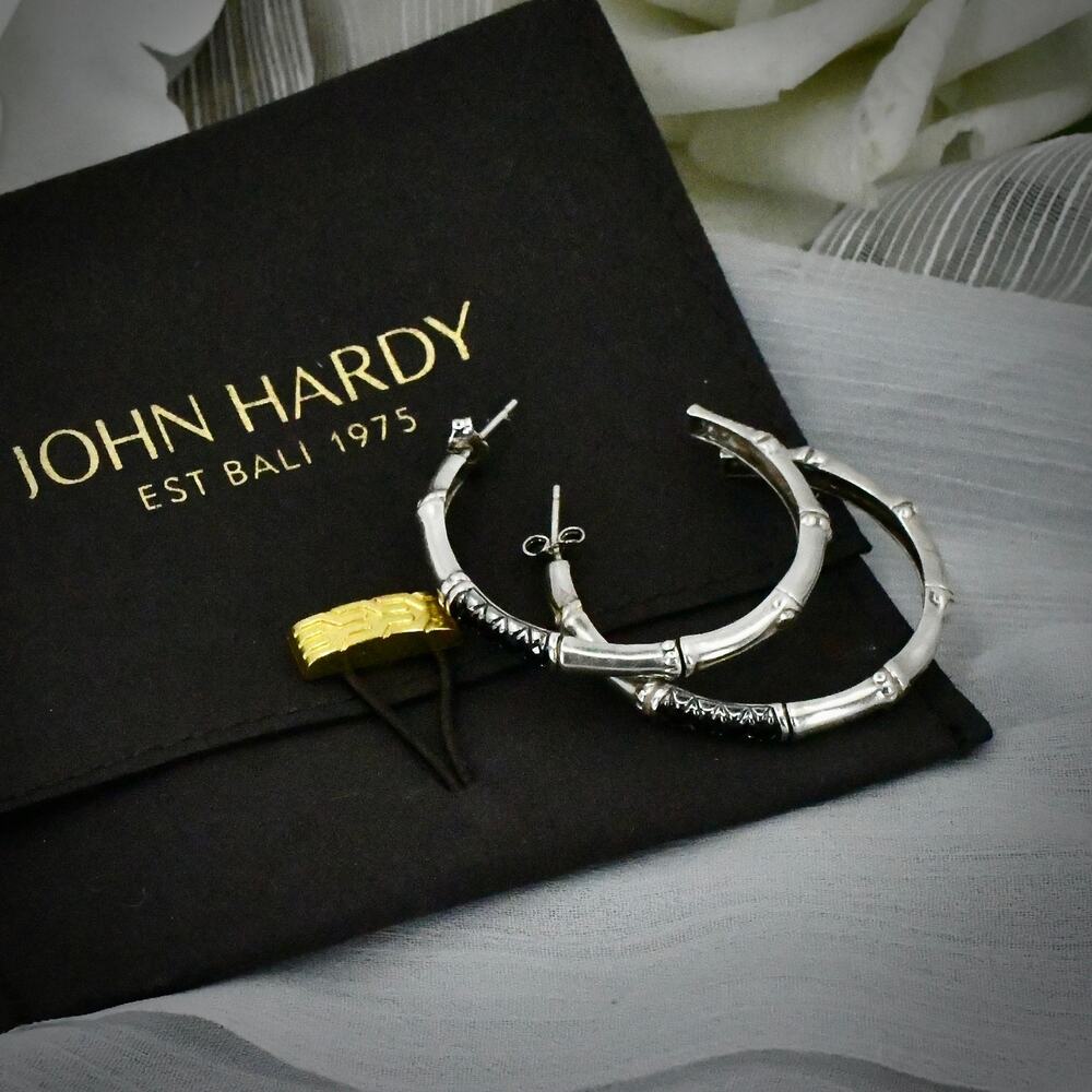 John Hardy 925 Silver Bamboo Black Sapphire Hoop Earrings 1.5" Planted 2 Bamboos